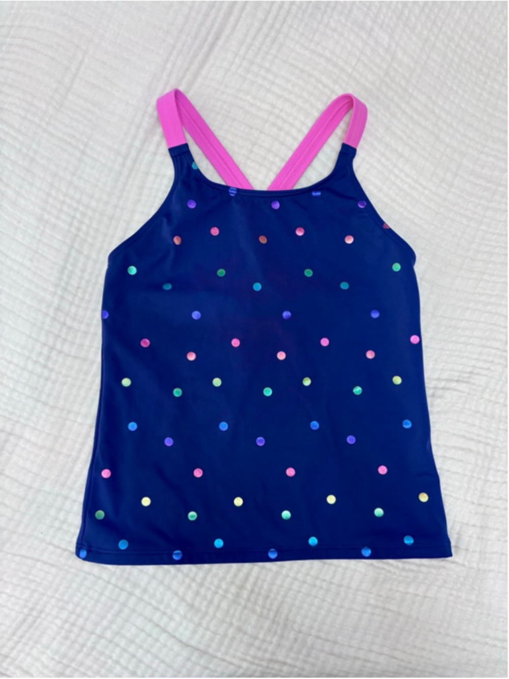 Girls Mini Boden Tankini Top Swimsuit 12 Blue Rainbow Polka Dot